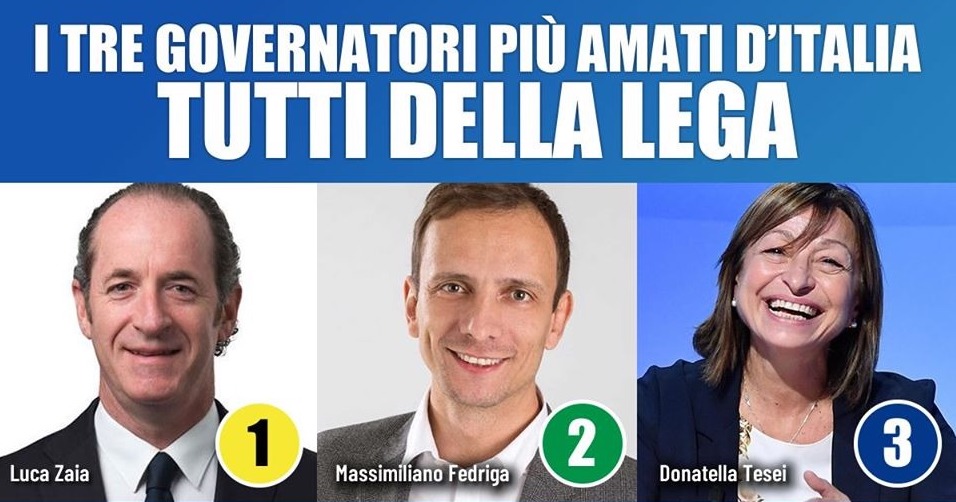 Classifica dei governatori, i primi tre posti conquistati dalla Lega di Matteo Salvini