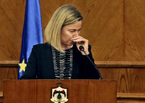 European Union Foreign Policy Chief Federica Mogherini, reacts to the latest news on the Brussels attacks, during a news conference with Jordanian Foreign Minister Nasser Judeh in Amman, Jordan, Tuesday, March 22, 2016. Mogherini, fighting back tears, has stopped short a news conference in Jordan after saying that today is a difficult day, in reference to the Brussels attacks. (ANSA/AP Photo)